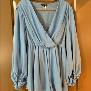 Fashion Nova Light Blue V-Neck Long Sleeve Peplum Romper